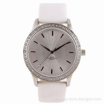 Metal Watch with Luxurious Diamond on Top Ring, Genuine Leather Strap in Various Colors